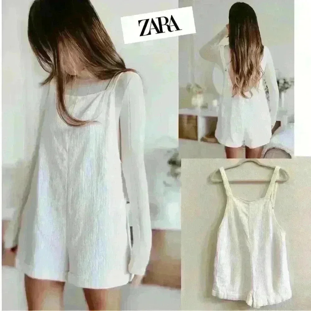 Zara Ivory White Cotton Crinkle Gauze Overalls Romper Boho Shorts XS oversized
